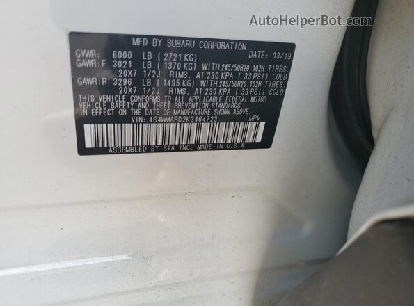 4S4WMARD2K3464723 2019 SUBARU ASCENT White Widok naklejki z numerem VIN