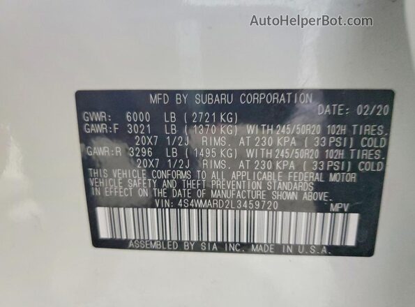 4S4WMARD2L3459720 2020 SUBARU ASCENT White Widok wnętrza 360 stopni