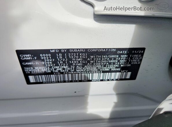 4S4WMARD4S3405334 2025 SUBARU ASCENT Белый Вид наклейки с VIN-кодом