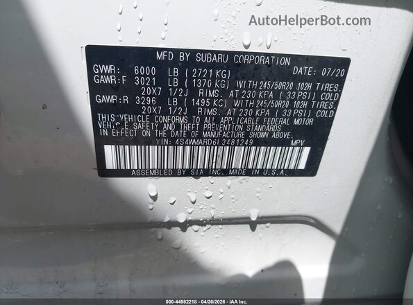 4S4WMARD6L3481249 2020 SUBARU ASCENT White Vista del compartimento del motor