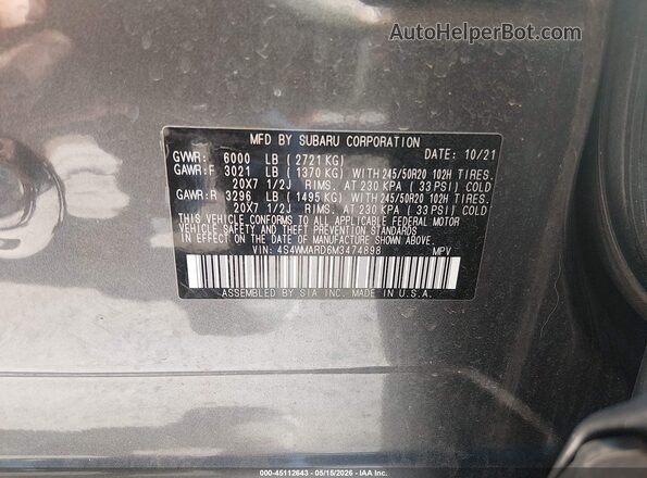 4S4WMARD6M3474898 2021 SUBARU ASCENT Gray Vista del compartimento del motor