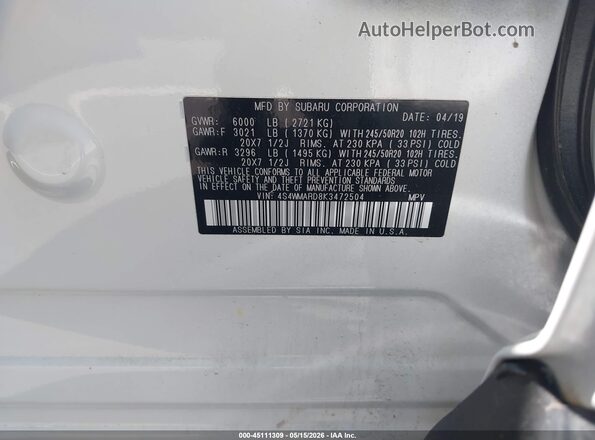 4S4WMARD8K3472504 2019 SUBARU ASCENT White Вид підкапотного простору