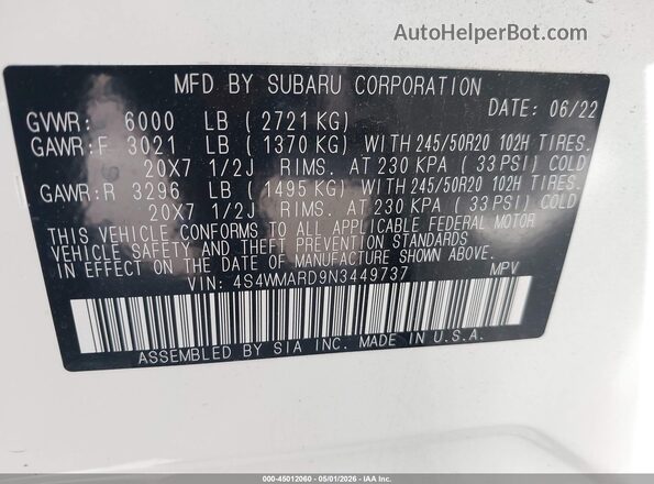 4S4WMARD9N3449737 2022 SUBARU ASCENT White ძრავის განყოფილების ხედი