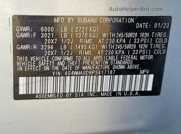 4S4WMASD9P3417187 2023 SUBARU ASCENT Серебряный Вид наклейки с VIN-кодом