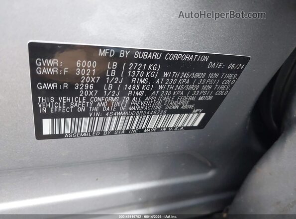 4S4WMAUD8R3446728 2024 SUBARU ASCENT Gray Вид підкапотного простору