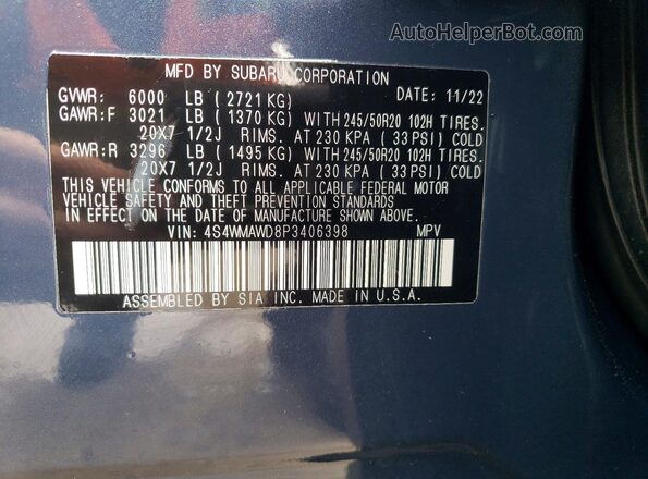 4S4WMAWD8P3406398 2023 SUBARU ASCENT Blue ძრავის განყოფილების ხედი