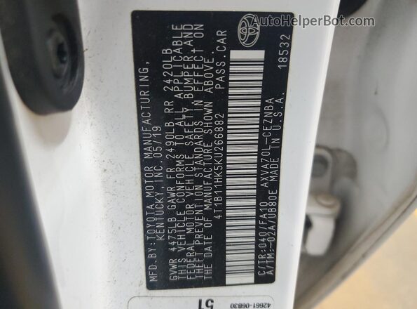 4T1B11HK5KU266882 2019 TOYOTA CAMRY White Շարժիչի բաժամունքի տեսք