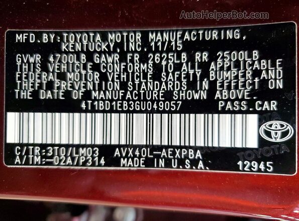 4T1BD1EB3GU049057 2016 TOYOTA AVALON Бордовый Вид наклейки с VIN-кодом
