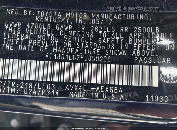 4T1BD1EB7HU059236 2017 TOYOTA LE Black Engine compartment view