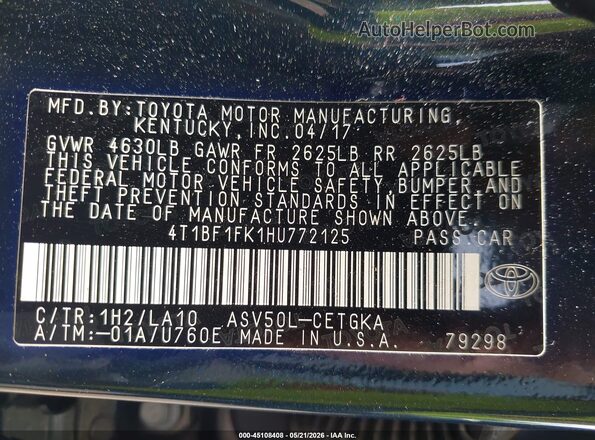 4T1BF1FK1HU772125 2017 TOYOTA CAMRY Зеленый Вид подкапотного пространства
