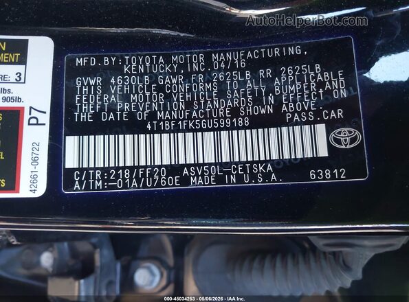 4T1BF1FK5GU599188 2016 TOYOTA CAMRY Black ძრავის განყოფილების ხედი