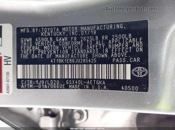 4T1BK1EB6JU285425 2018 TOYOTA LE Серебряный Вид подкапотного пространства