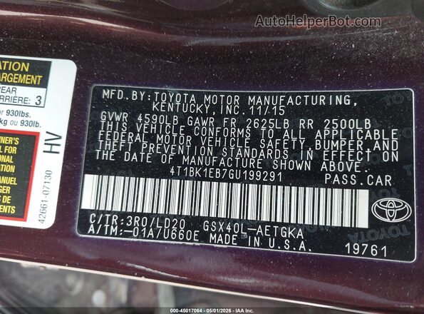 4T1BK1EB7GU199291 2016 TOYOTA LE Бордовый Вид подкапотного пространства