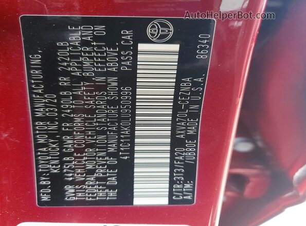 4T1C11AK0LU950996 2020 TOYOTA CAMRY Бордовый Вид подкапотного пространства