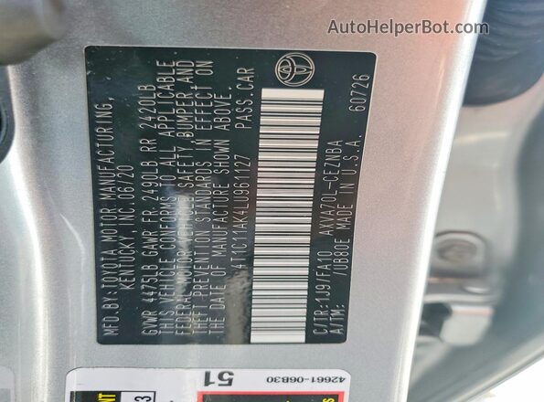 4T1C11AK4LU961127 2020 TOYOTA CAMRY Серебряный Вид подкапотного пространства