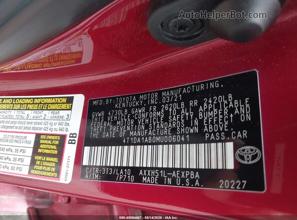 4T1DA1AB0MU006041 2021 TOYOTA LIMITED Maroon Вид підкапотного простору