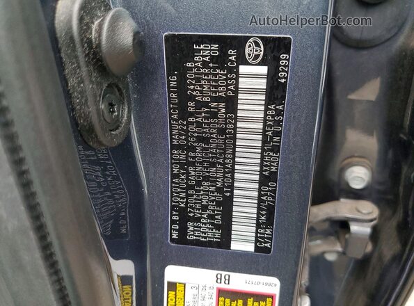 4T1DA1AB8NU013823 2022 TOYOTA AVALON Синий Вид подкапотного пространства