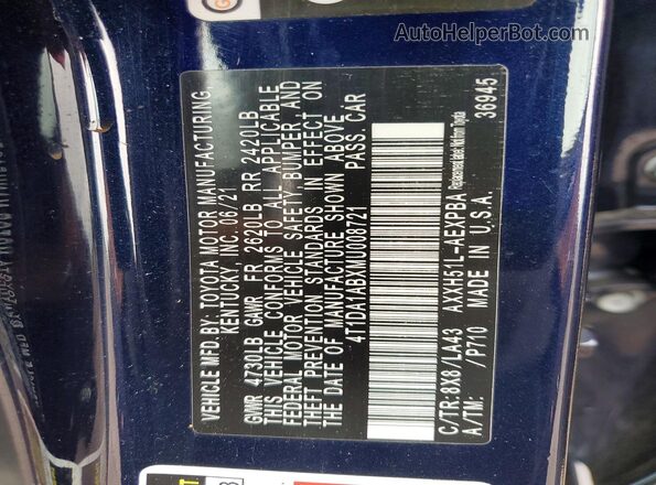 4T1DA1ABXMU008721 2021 TOYOTA AVALON Blue Вид підкапотного простору