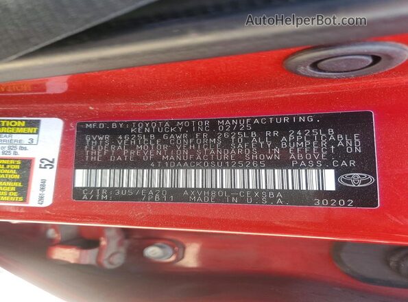 4T1DAACK0SU125265 2025 TOYOTA CAMRY Red Вид підкапотного простору
