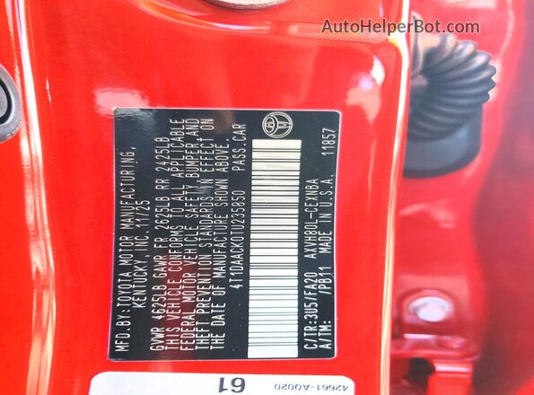 4T1DAACK0TU235850 2026 TOYOTA CAMRY Red VIN sticker view