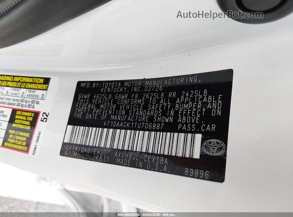 4T1DAACK1TU706887 2026 TOYOTA CAMRY Белый Вид подкапотного пространства