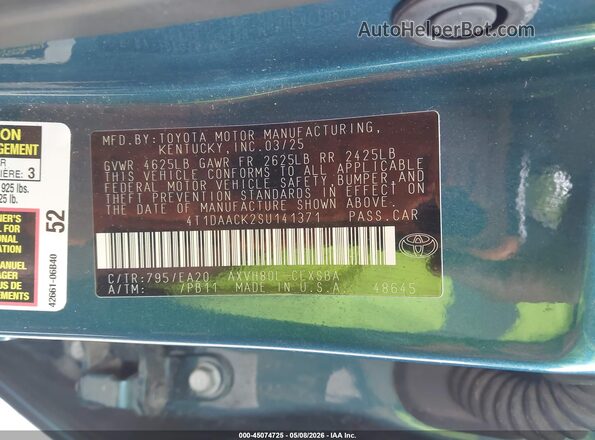 4T1DAACK2SU141371 2025 TOYOTA CAMRY Blue Շարժիչի բաժամունքի տեսք