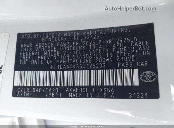 4T1DAACK3SU126233 2025 TOYOTA CAMRY Белый Вид подкапотного пространства