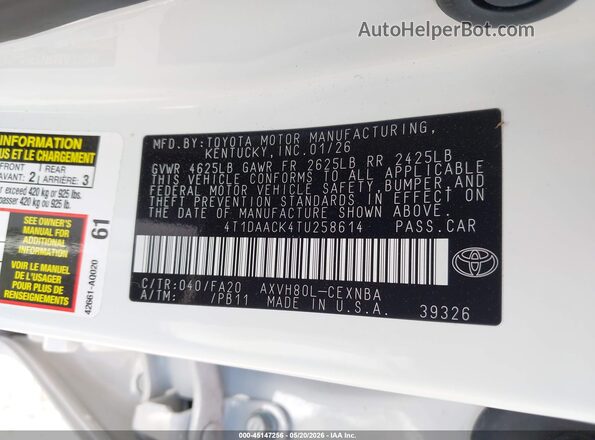 4T1DAACK4TU258614 2026 TOYOTA CAMRY Белый Вид подкапотного пространства