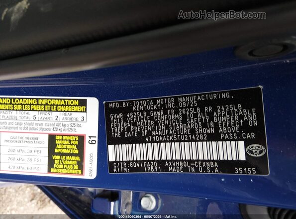 4T1DAACK5TU214282 2026 TOYOTA LE Синий Вид подкапотного пространства