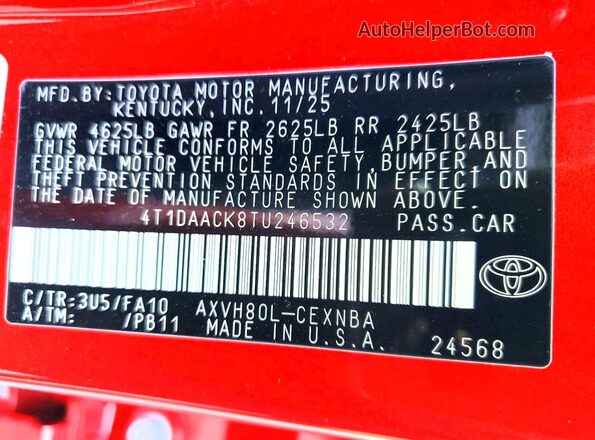 4T1DAACK8TU246532 2026 TOYOTA CAMRY Красный Вид наклейки с VIN-кодом