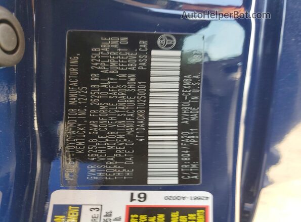 4T1DAACK8TU250001 2026 TOYOTA CAMRY Blue ძრავის განყოფილების ხედი