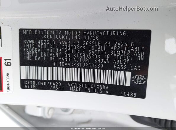 4T1DAACK8TU259569 2026 TOYOTA LE Белый Вид подкапотного пространства
