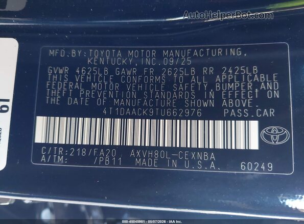 4T1DAACK9TU662976 2026 TOYOTA LE Черный Вид подкапотного пространства