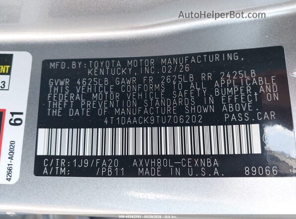 4T1DAACK9TU706202 2026 TOYOTA CAMRY Silver ძრავის განყოფილების ხედი