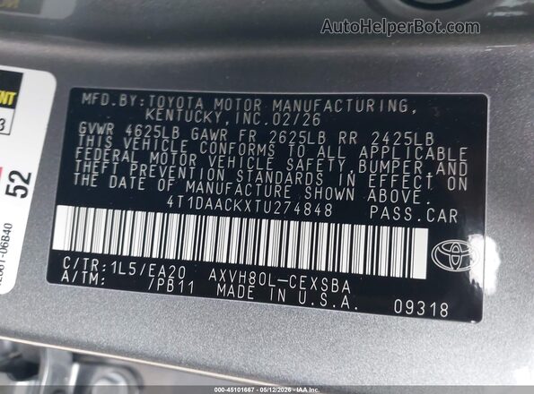 4T1DAACKXTU274848 2026 TOYOTA CAMRY Gray ძრავის განყოფილების ხედი