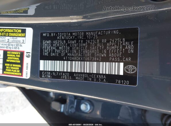 4T1DAACKXTU673842 2026 TOYOTA CAMRY Gray Вид підкапотного простору