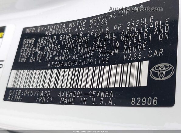 4T1DAACKXTU701106 2026 TOYOTA CAMRY White Engine compartment view