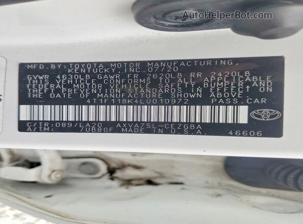 4T1F11BK4LU010972 2020 TOYOTA CAMRY White Вид наклейки з VIN-кодом