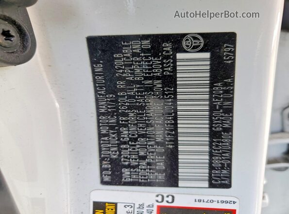 4T1FZ1FB4LU044512 2020 TOYOTA AVALON White Вид підкапотного простору