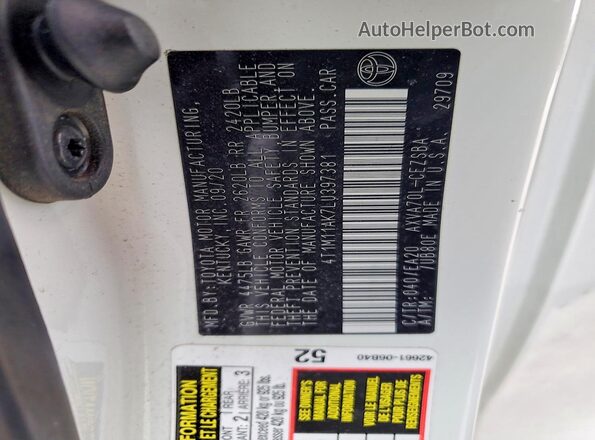4T1M11AK7LU397381 2020 TOYOTA CAMRY White Widok komory silnika