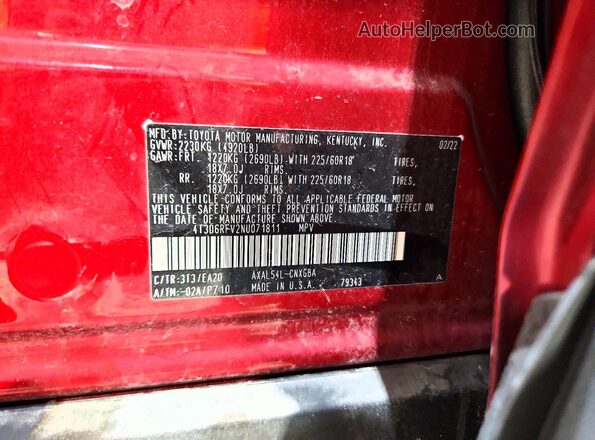 4T3D6RFV2NU071811 2022 TOYOTA LIMITED Красный Вид наклейки с VIN-кодом