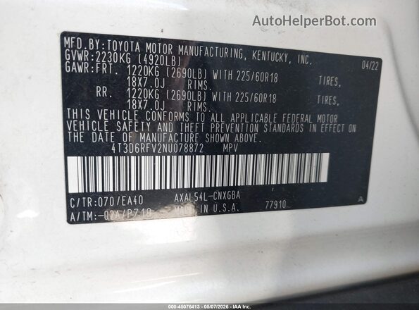 4T3D6RFV2NU078872 2022 TOYOTA LIMITED White Engine compartment view