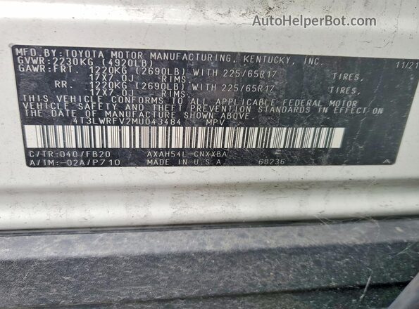 4T3LWRFV2MU043484 2021 TOYOTA RAV4 White VIN sticker view