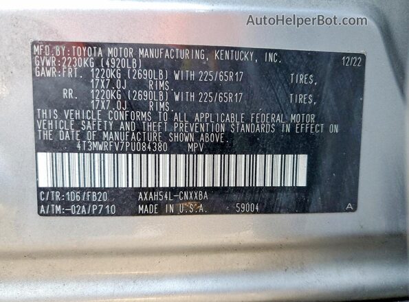 4T3MWRFV7PU084380 2023 TOYOTA LE Silver Вид наклейки з VIN-кодом