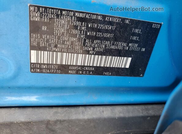 4T3MWRFV8LU002599 2020 TOYOTA RAV4 Blue Widok naklejki z numerem VIN