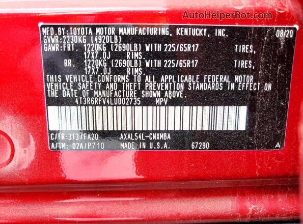 4T3R6RFV4LU002735 2020 TOYOTA RAV4 Красный Вид наклейки с VIN-кодом