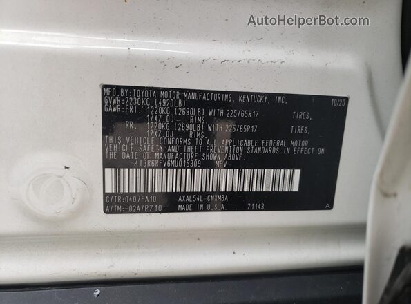 4T3R6RFV6MU015309 2021 TOYOTA RAV4 White Widok naklejki z numerem VIN