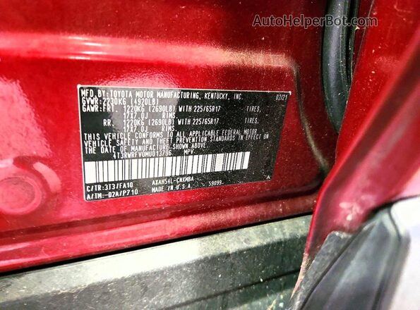 4T3RWRFV0MU013796 2021 TOYOTA RAV4 Бордовый Вид наклейки с VIN-кодом