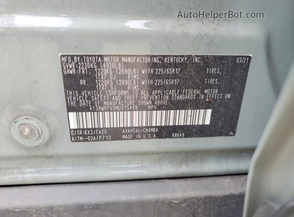 4T3RWRFV0MU015449 2021 TOYOTA RAV4 Зеленый Вид наклейки с VIN-кодом