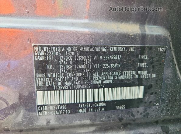 4T3RWRFV1NU050809 2022 TOYOTA RAV4 Charcoal Вид наклейки з VIN-кодом